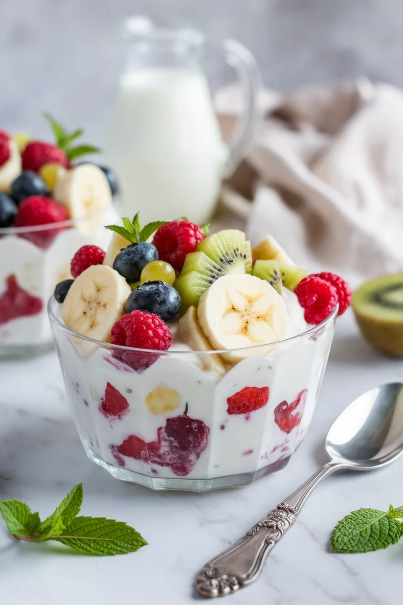 Fruit salad with yogurt and mixed chopped fruit on white marble countertop.