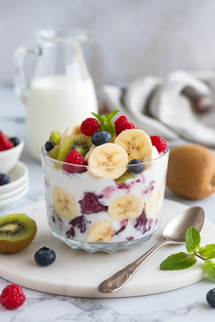 Fruit salad with yogurt and mixed chopped fruit on white marble countertop.