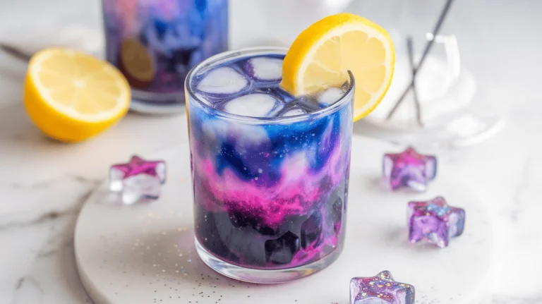 Galaxy lemonade in a clear glass with vibrant layers of purple, blue, and pink.
