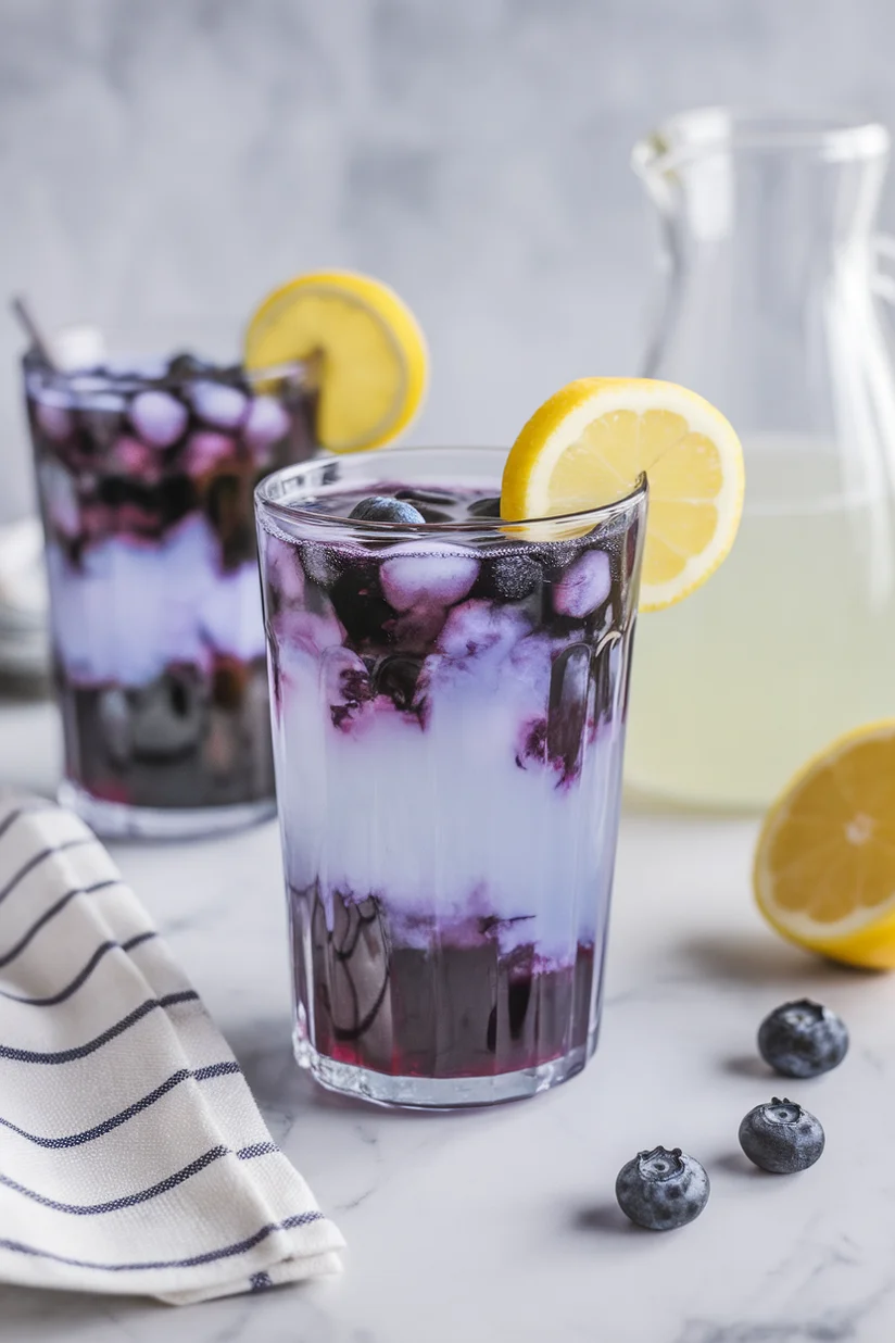 Galaxy lemonade with swirled purple and blue tones, lemon slice, and blueberries in a tall glass.