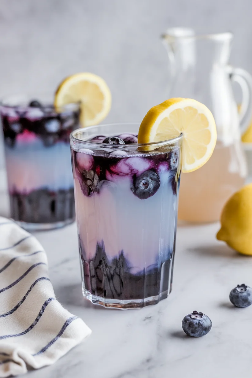 Galaxy lemonade with swirled purple and blue tones, lemon slice, and blueberries in a tall glass.