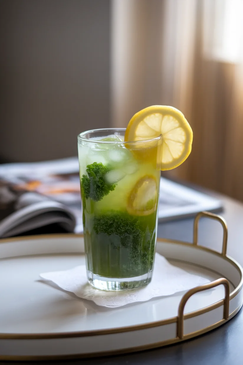 Green lemonade with earthy green color and lemon slice in a tall glass.
