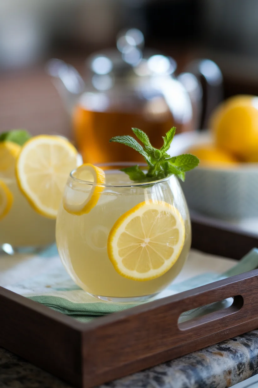 Green tea lemonade with lemon wheels and mint in a rounded clear glass.