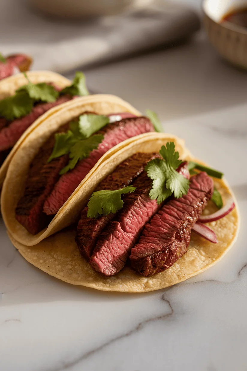 grilled steak tacos with seared steak and cilantro in corn tortillas