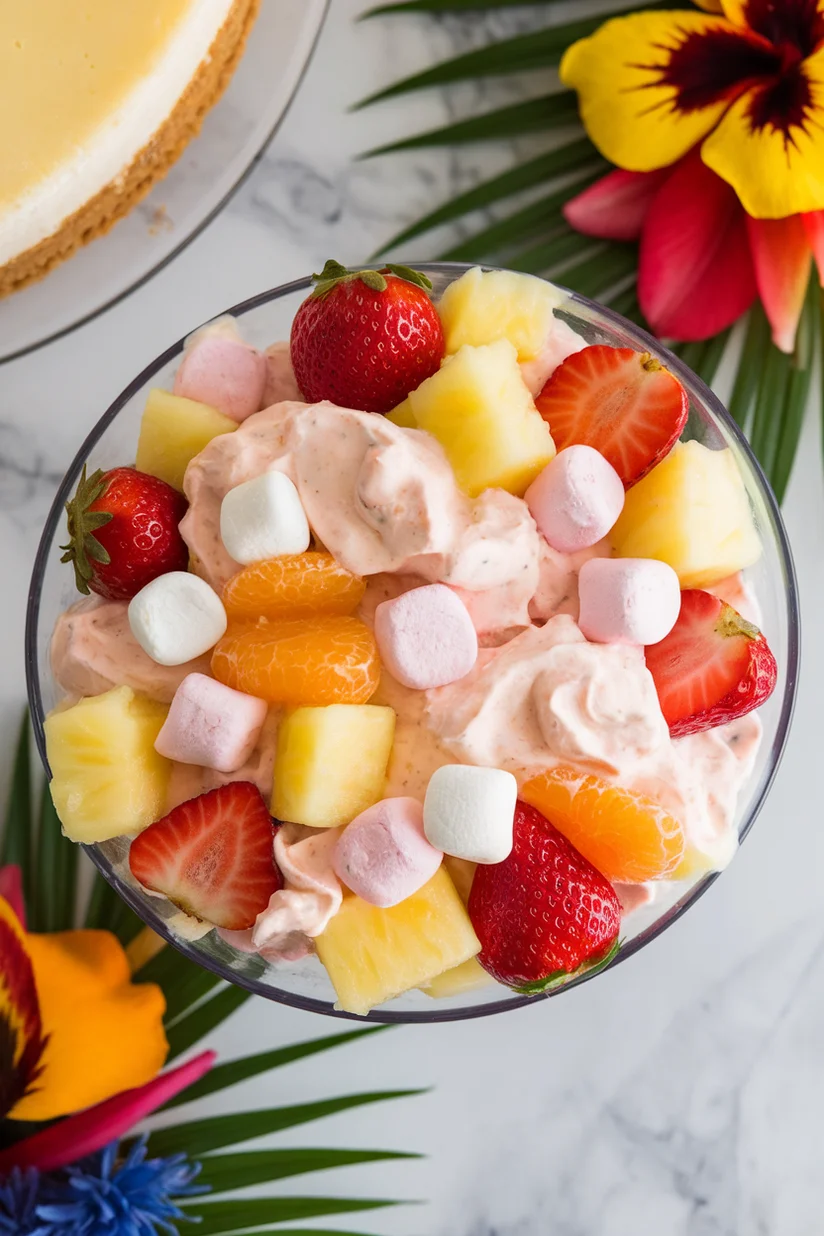 Hawaiian cheesecake fruit salad with creamy fruit mix on white marble countertop.