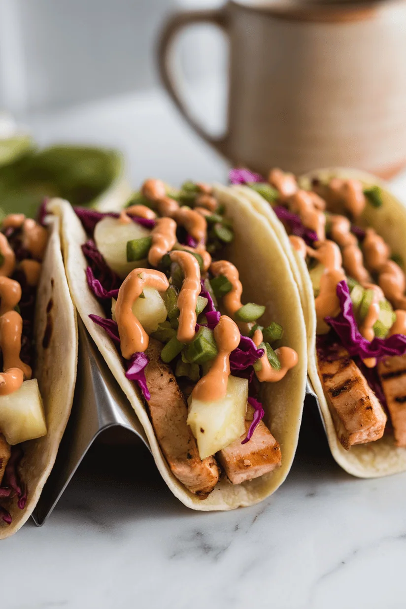 hawaiian chicken tacos with pineapple and spicy mayo in golden tortillas