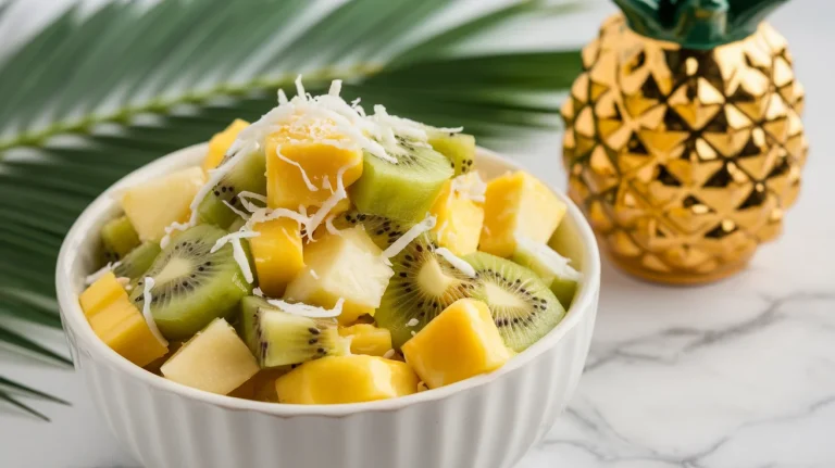 Hawaiian fruit salad with pineapple and coconut on a white marble countertop.