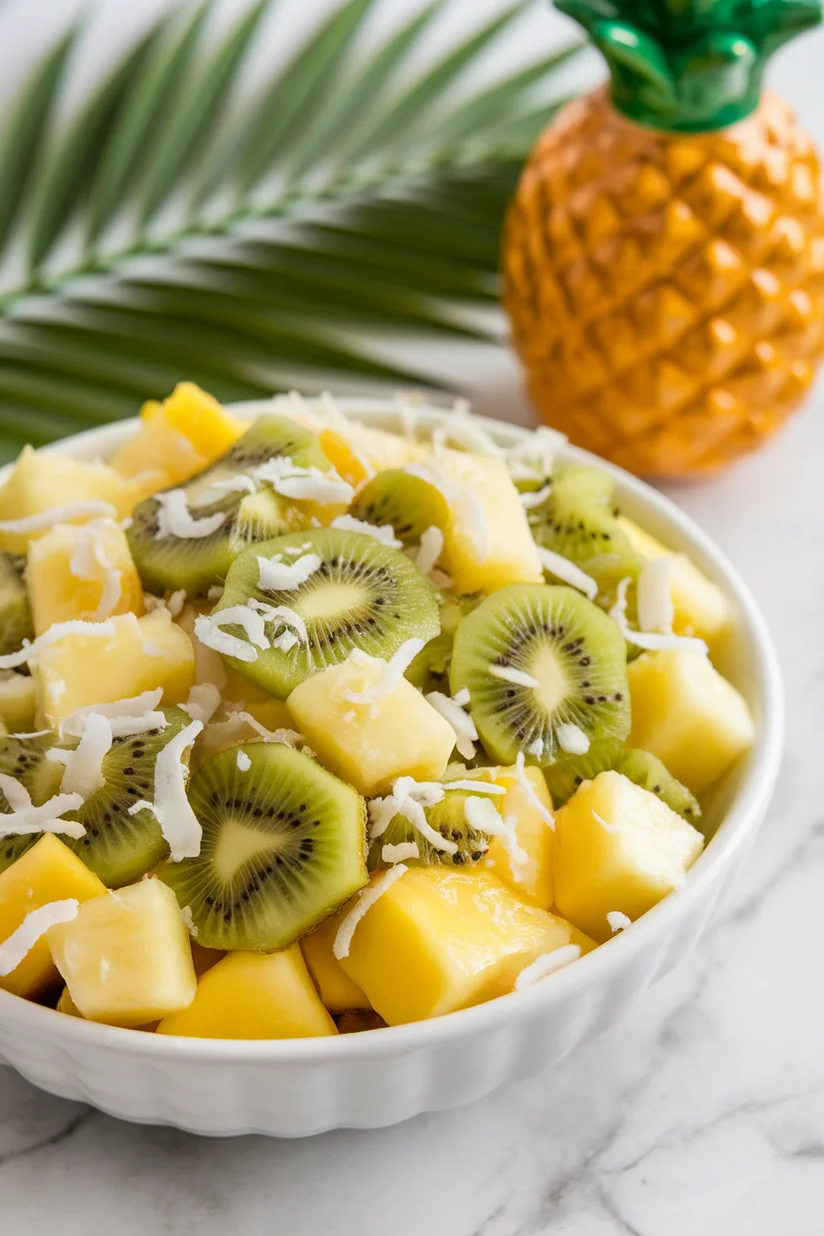 Hawaiian fruit salad with pineapple and coconut on a white marble countertop.