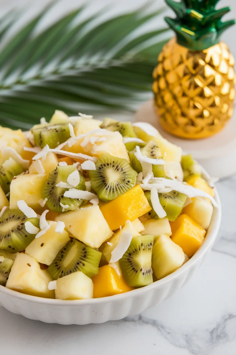 Hawaiian fruit salad with pineapple and coconut on a white marble countertop.
