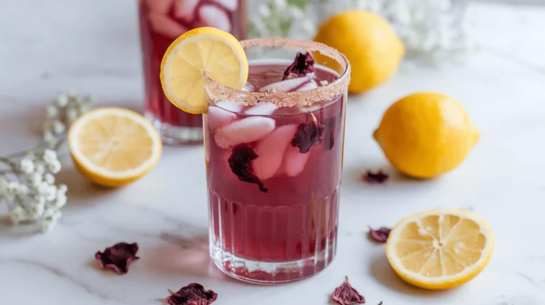 Hibiscus lemonade in a tall glass with sugared rim and hibiscus petals.