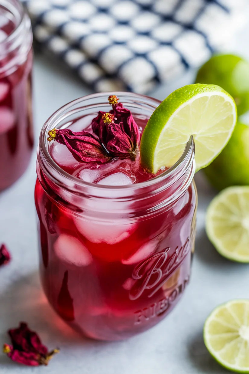 Hibiscus lemonade with deep red color and lime wedge in a mason jar glass with ice.