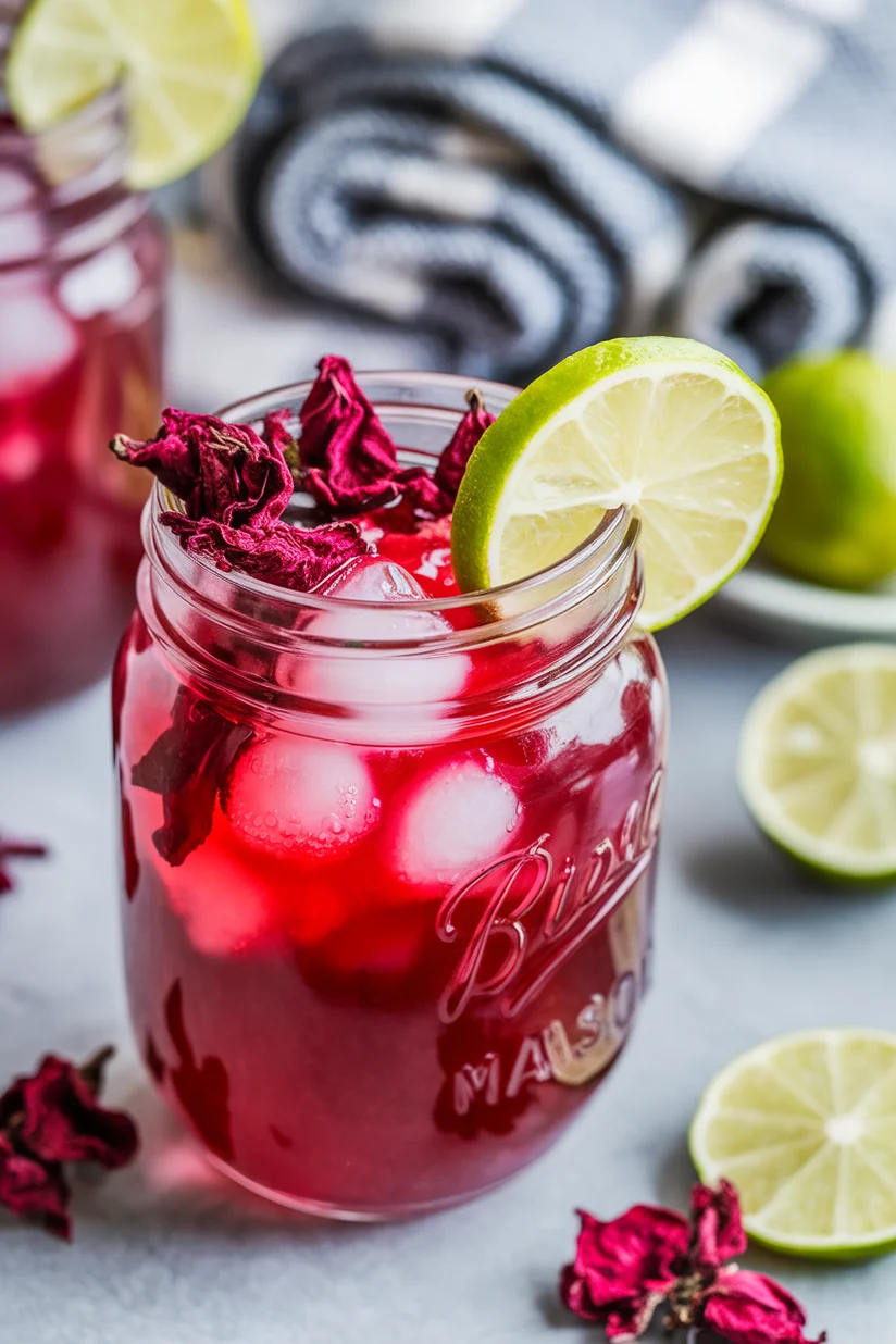 Hibiscus lemonade with deep red color and lime wedge in a mason jar glass with ice.