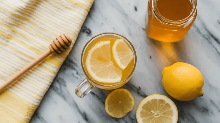 Honey lemonade in a glass mug with floating lemon slices and honey dipper.