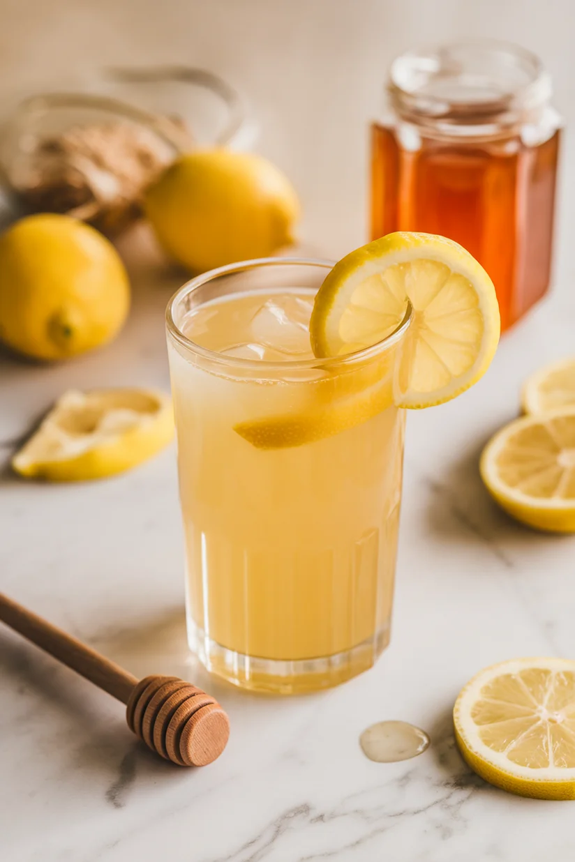Honey lemonade in a tall glass with lemon garnish and a honey dipper on white marble.