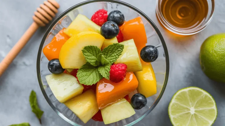 Honey lime fruit salad in a glass bowl with vibrant fruits and mint.
