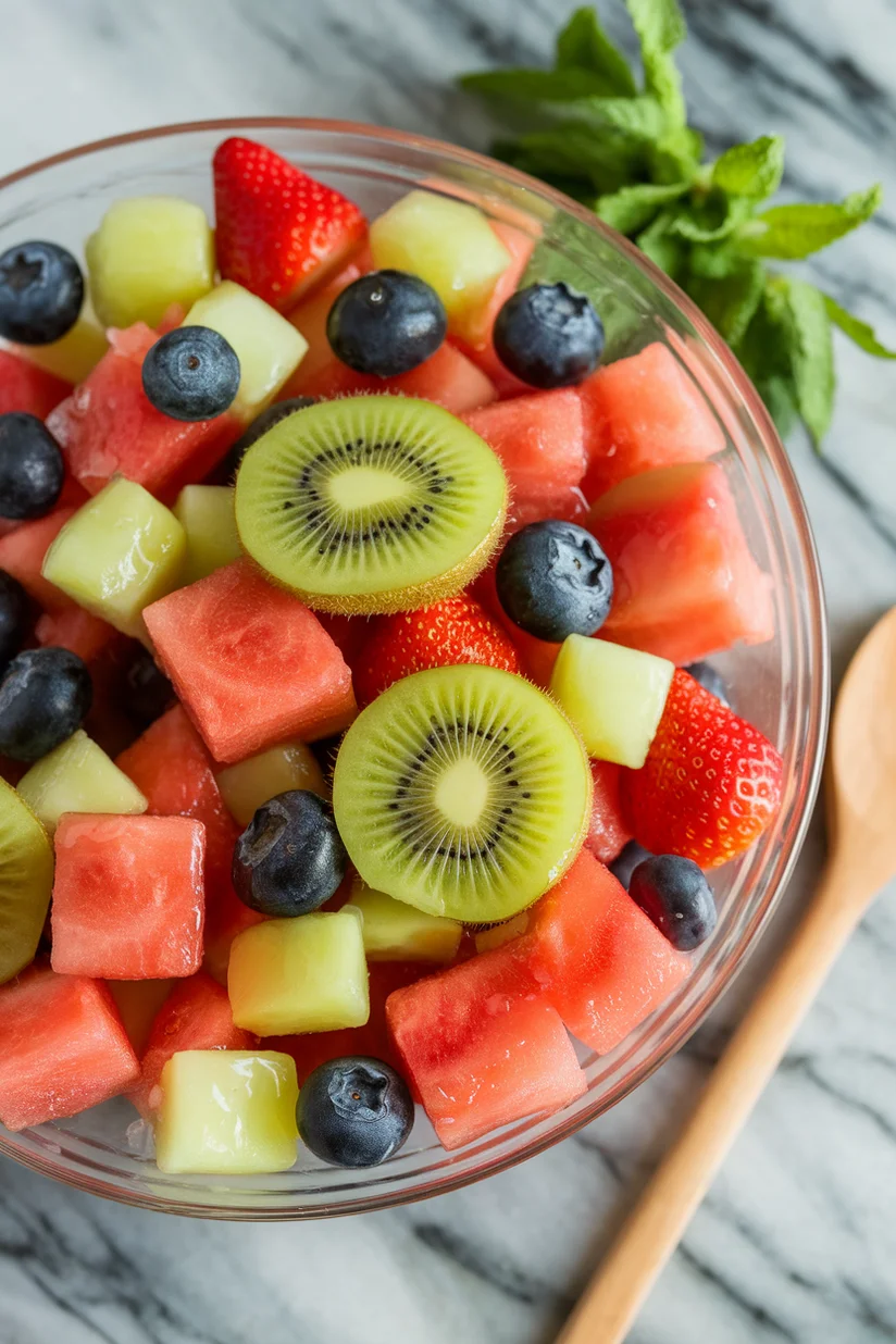 Honey lime fruit salad with glazed tropical fruits in a glass bowl on marble counter.