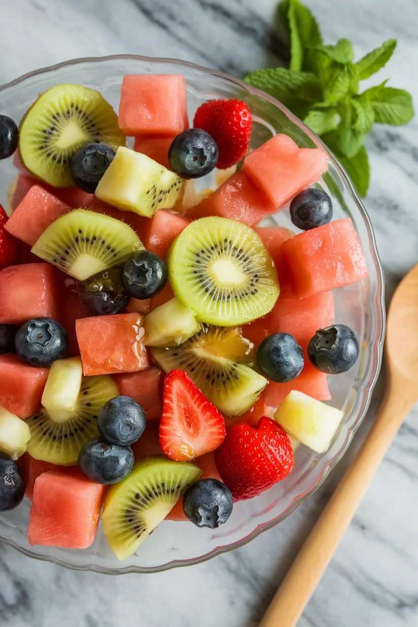 Honey lime fruit salad with glazed tropical fruits in a glass bowl on marble counter.
