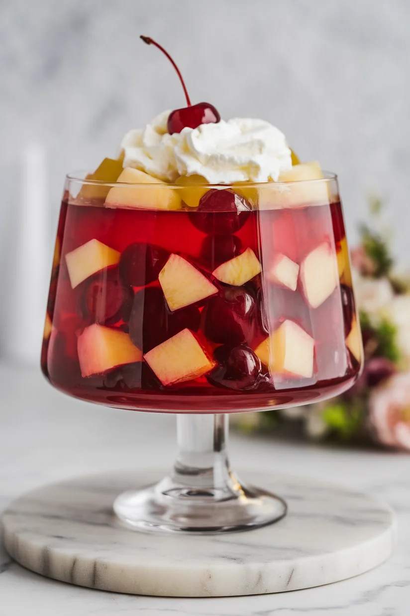 Jello fruit salad with layered fruit gelatin and whipped cream in a glass trifle bowl.