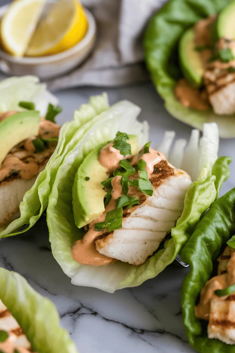 keto fish tacos with grilled fish and creamy sauce in lettuce wraps