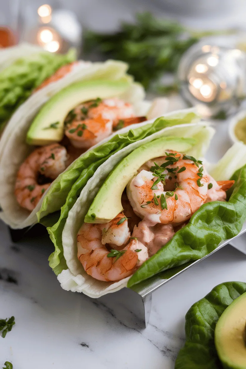 keto shrimp tacos with grilled shrimp and avocado in lettuce wraps