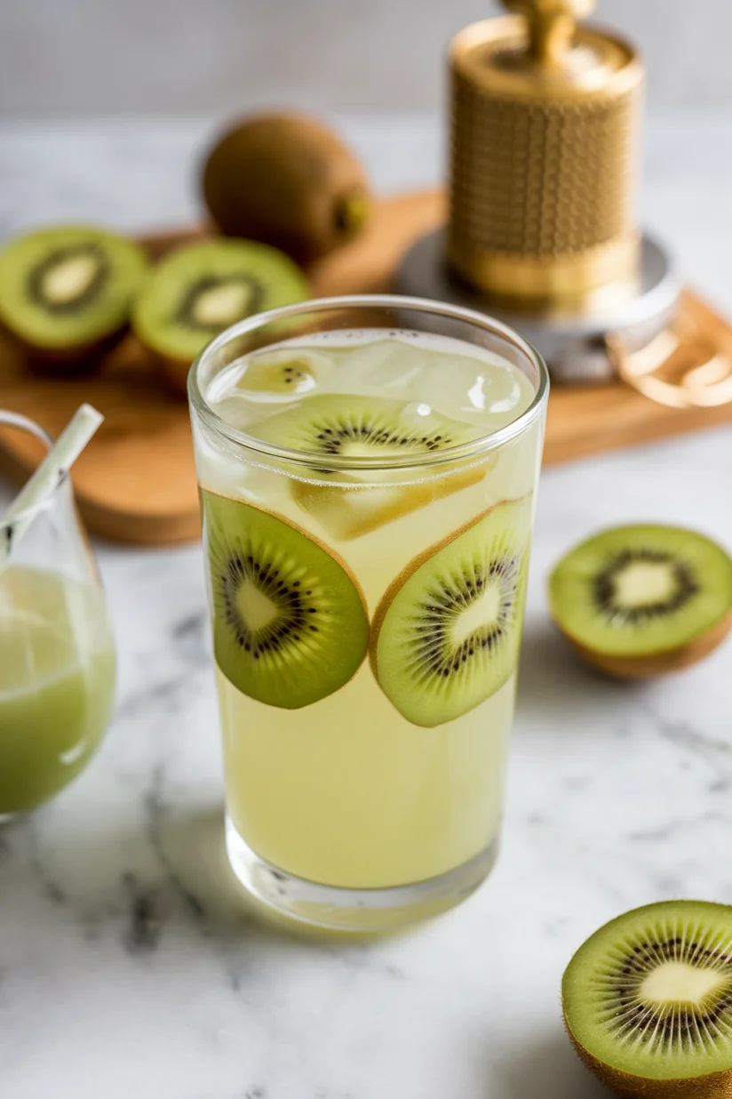 Kiwi lemonade with pale green color and kiwi slices in a tall glass on marble countertop.