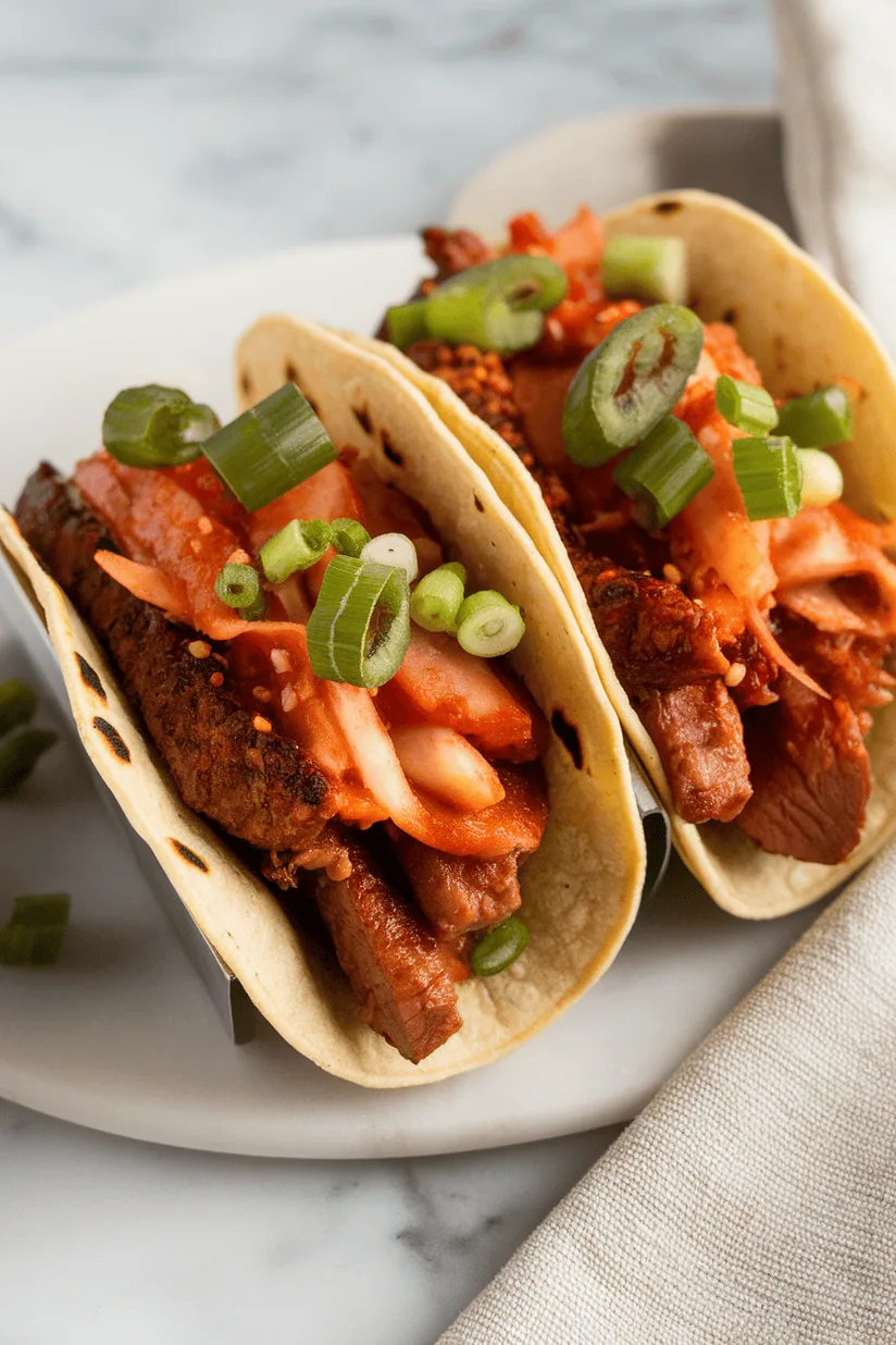 Korean pork tacos with gochujang pork, kimchi, and scallions on tortillas, marble background.