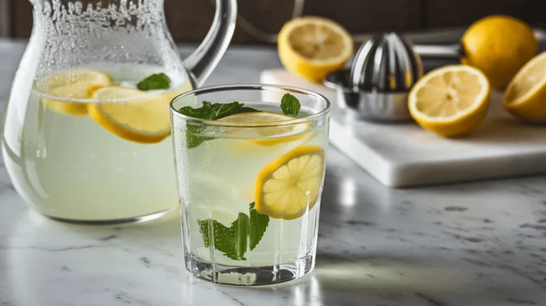 Fresh lemonade with lemon slices and mint in a glass on a white marble kitchen counter