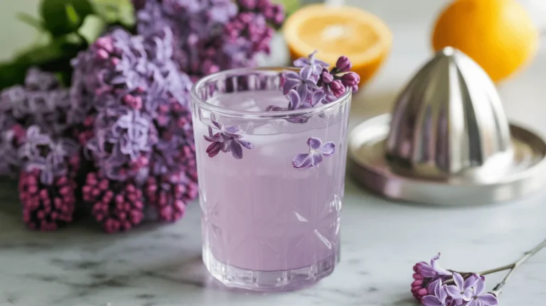 Lilac lemonade with floral garnish in a vintage glass on a marble surface.