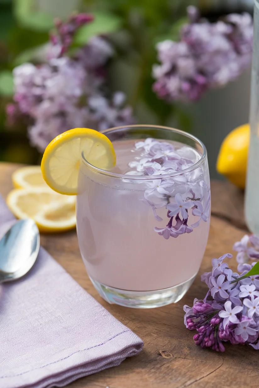 Lilac lemonade with soft purple tone and lilac blossoms served in a tumbler glass.