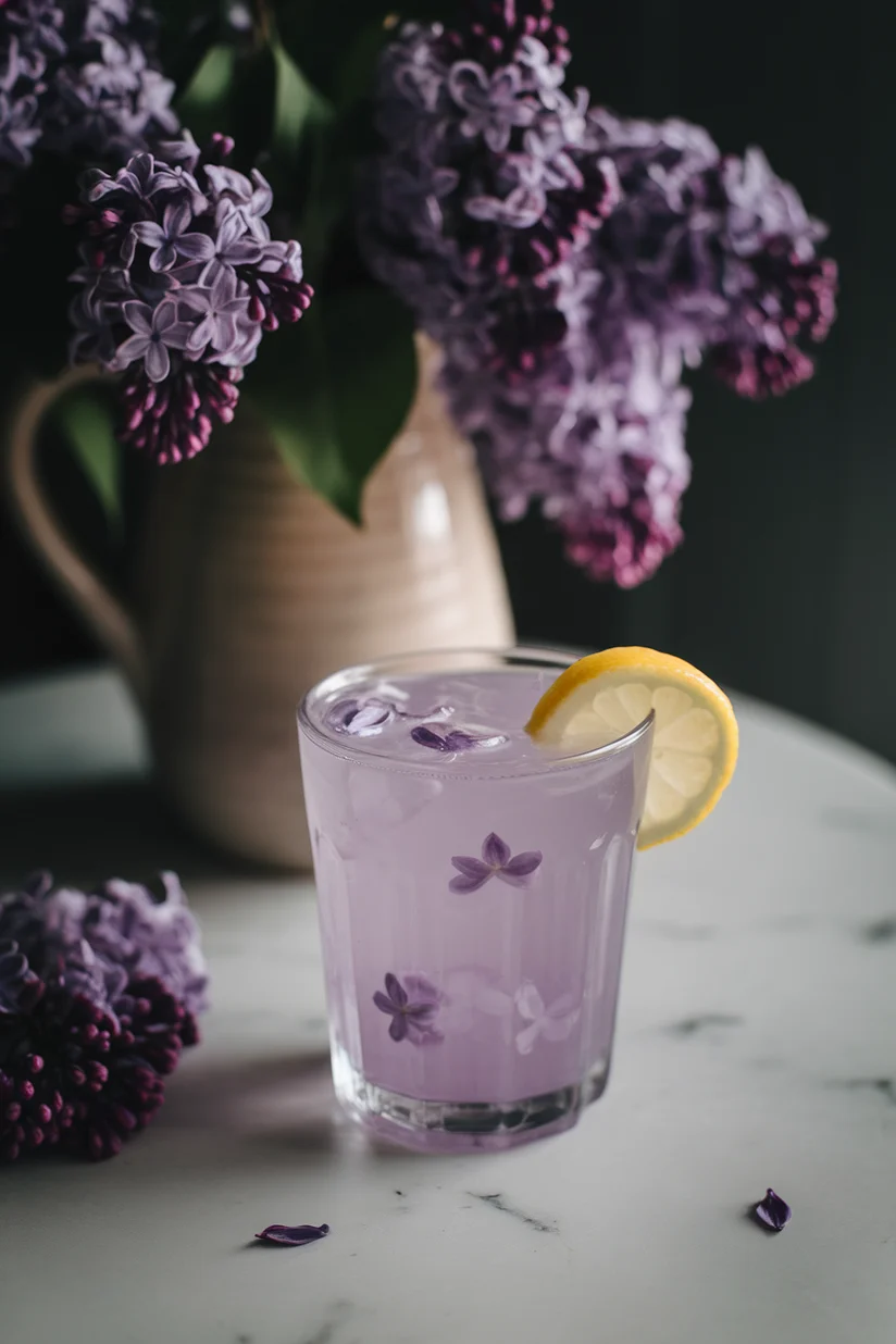 Lilac lemonade with soft purple tones and floating lilac petals served in a clear glass.