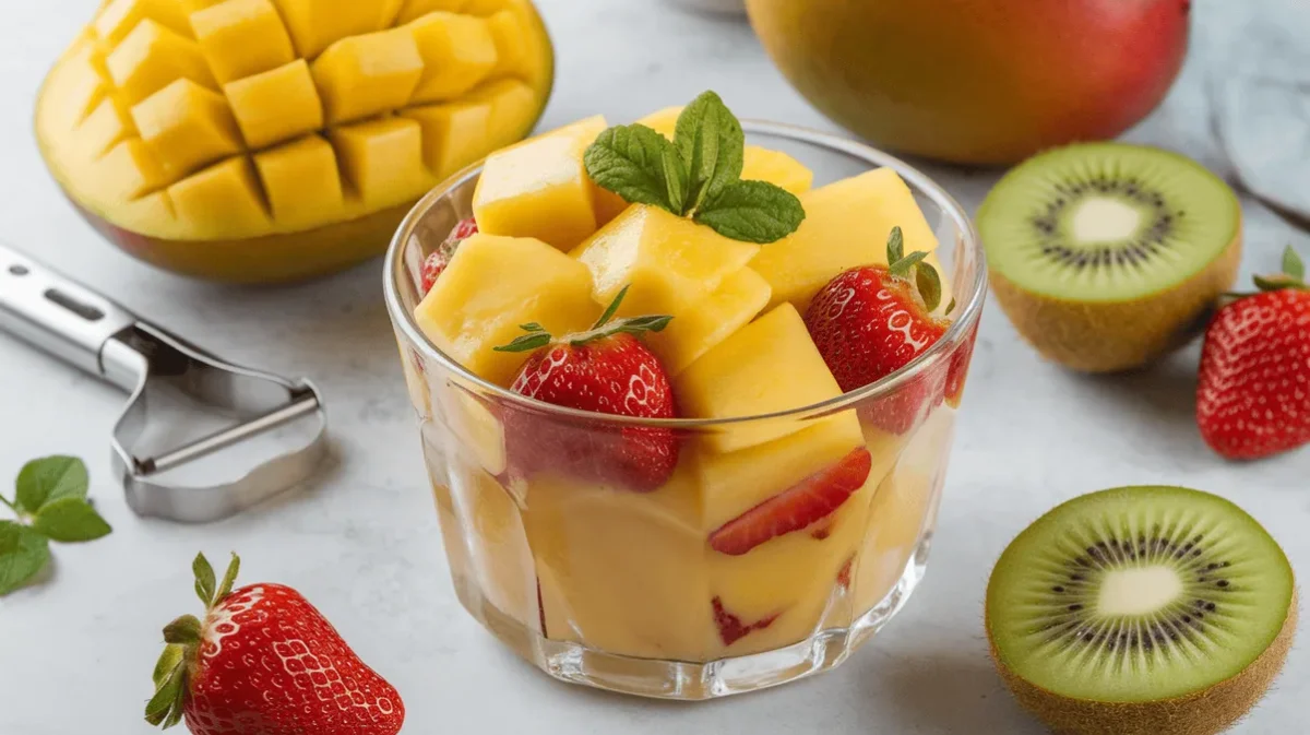 Mango fruit salad with tropical fruits in a shallow glass bowl.