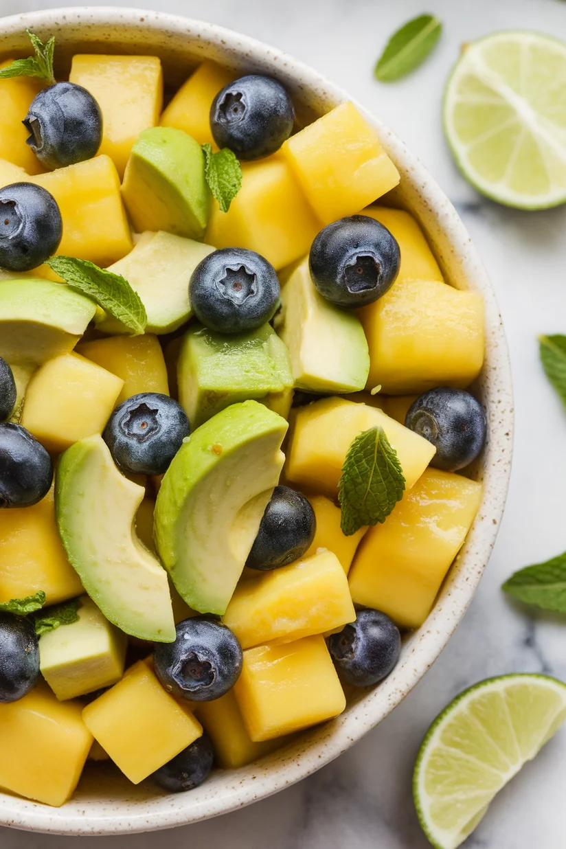 Mango fruit salad with chopped mango and fresh fruit on white marble countertop.