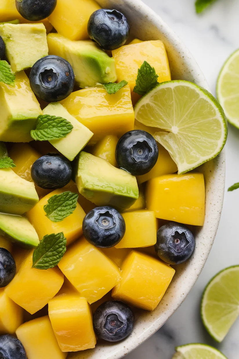 Mango fruit salad with chopped mango and fresh fruit on white marble countertop.