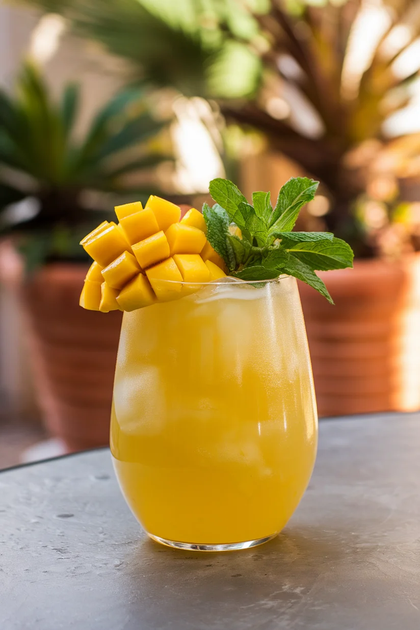 Mango lemonade with ice, fresh mango chunks, and mint served in a wide tumbler outdoors.