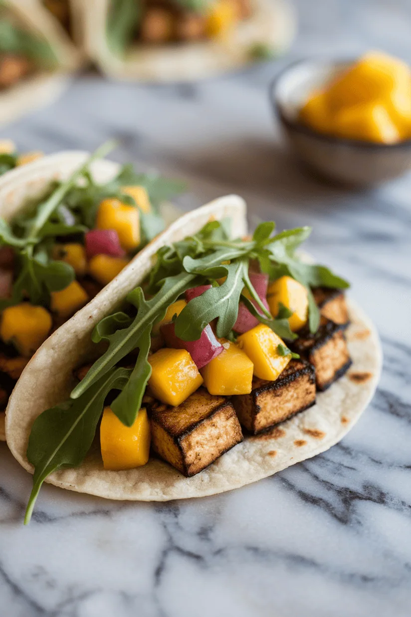 Mango salsa tacos with grilled tofu and arugula on flatbread over marble countertop.