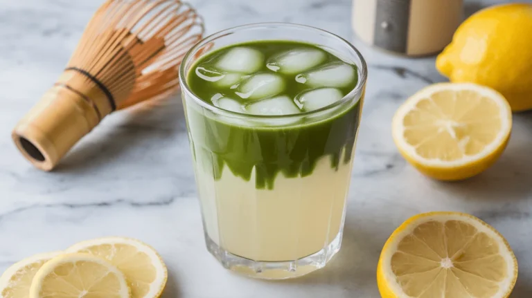 Matcha lemonade in a clear glass with layered green matcha and pale lemonade.