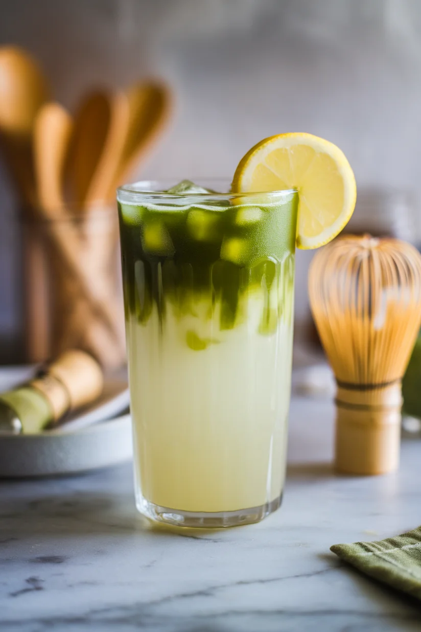 Matcha lemonade with layered green and yellow hues and a lemon slice garnish.