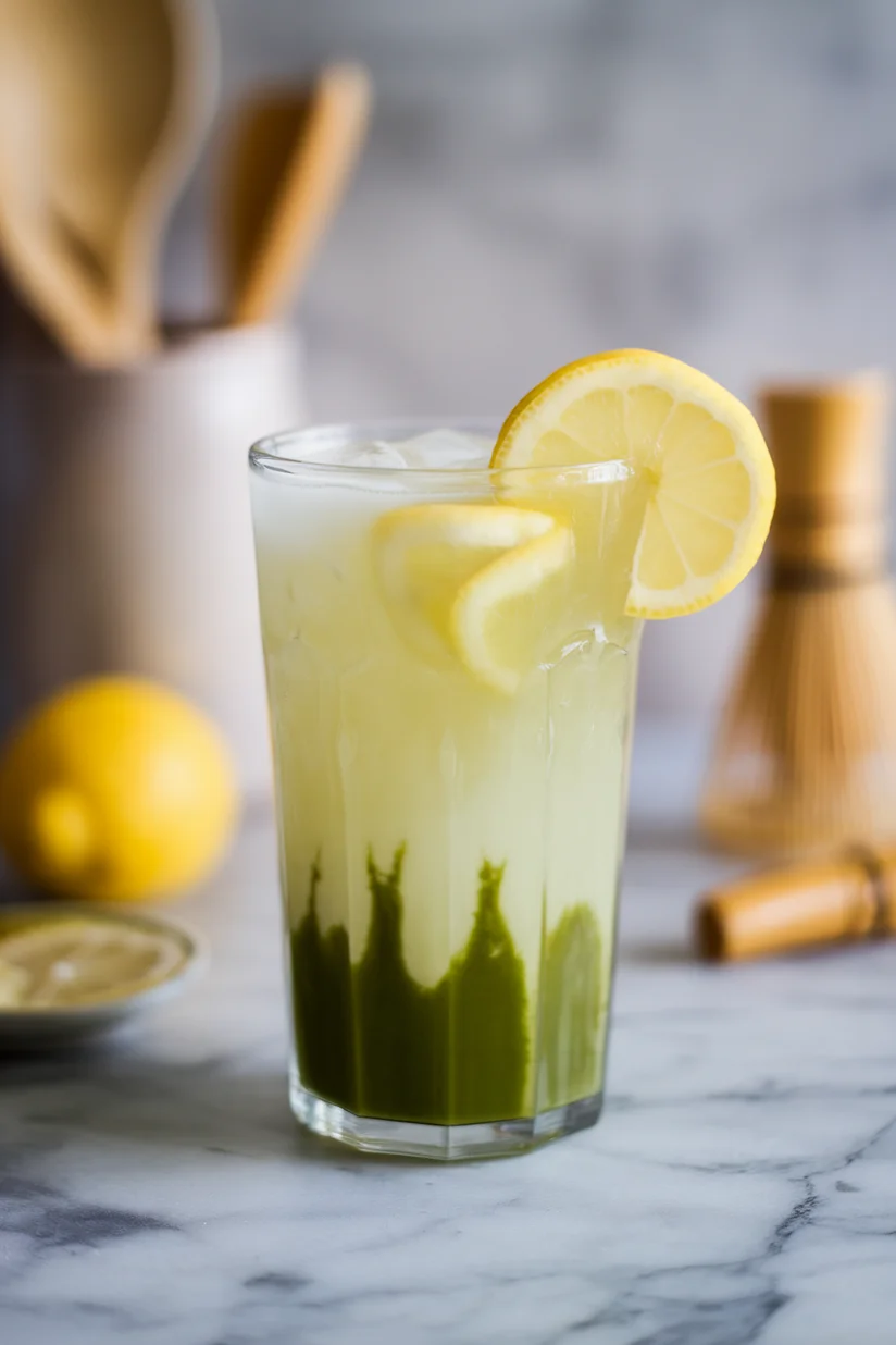 Matcha lemonade with layered green and yellow hues and a lemon slice garnish.