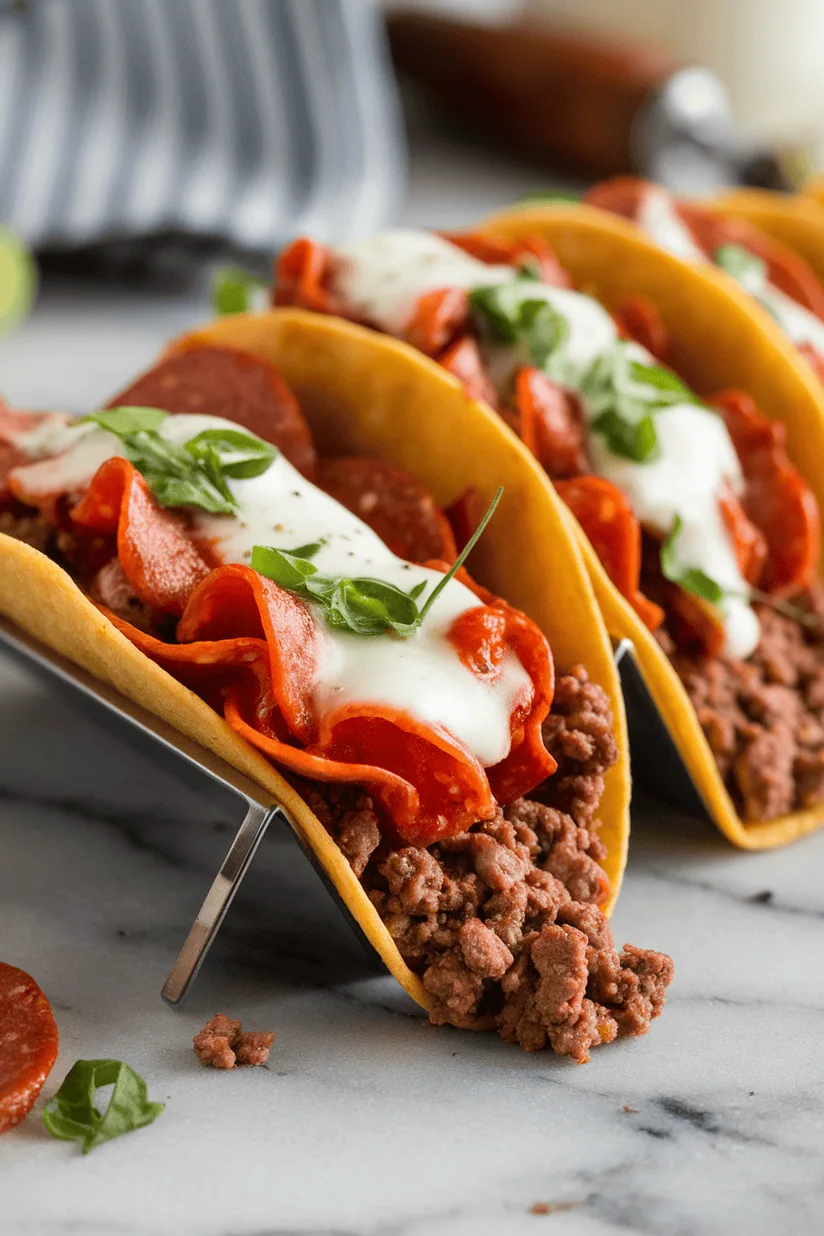 meat lovers pizza tacos with sausage, pepperoni, and melted mozzarella in taco shells