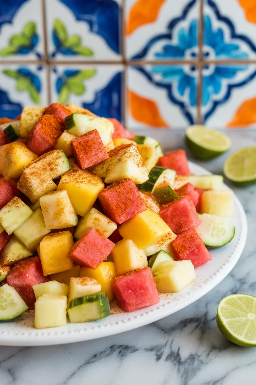 Mexican fruit salad with chili-lime seasoning and tropical fruits on a white platter.