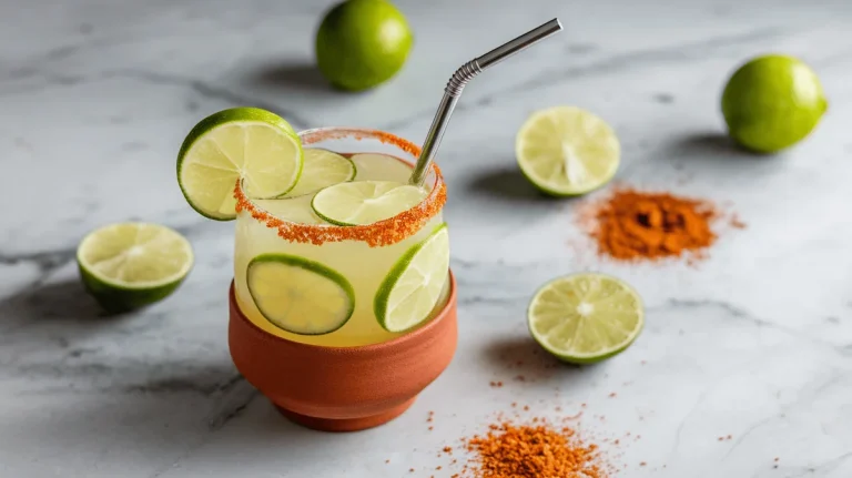 Mexican lemonade with lime wheels and a salted rim in a clay glass.