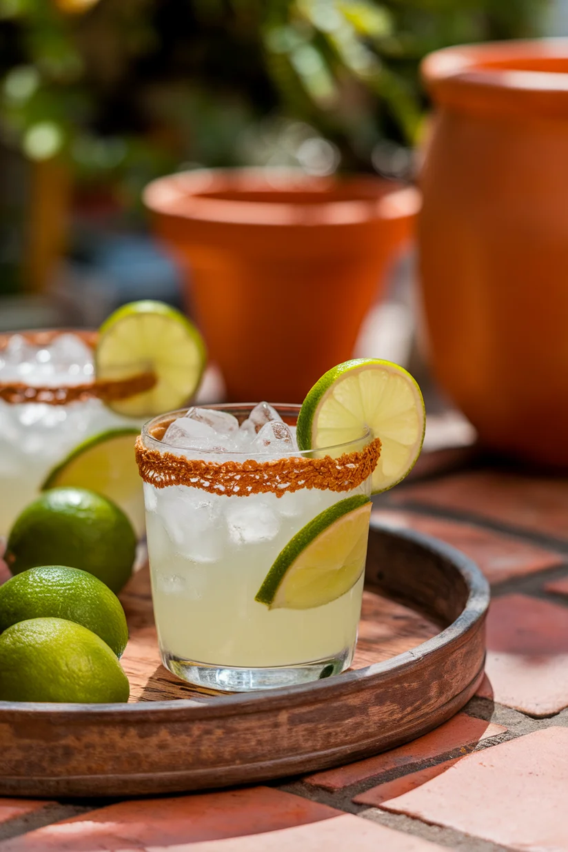 Mexican lemonade with Tajín rim and lime wedges served on a sunny outdoor table.
