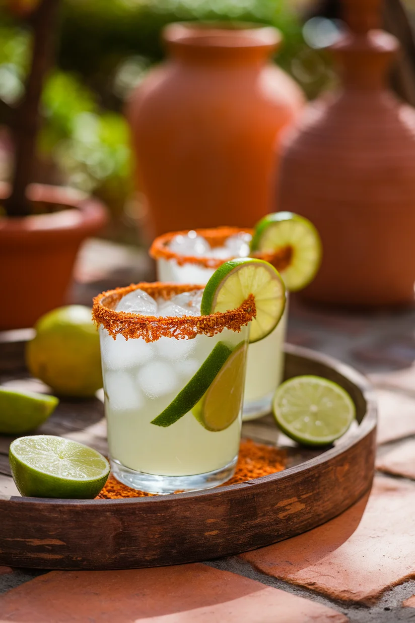 Mexican lemonade with Tajín rim and lime wedges served on a sunny outdoor table.