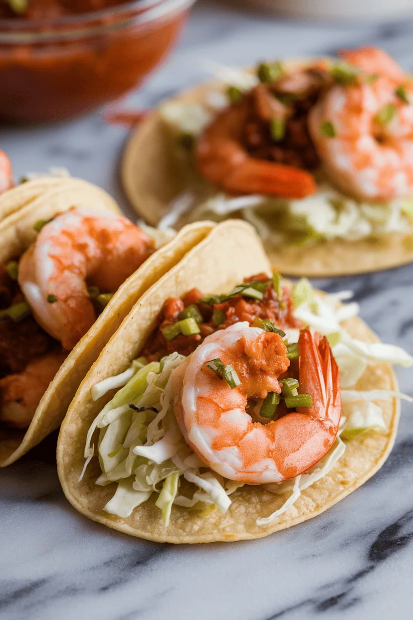 mexican shrimp tacos with sautéed shrimp and chipotle crema in corn tortillas