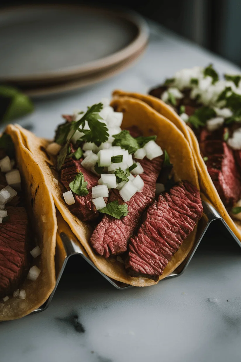 mexican steak tacos with grilled steak and cilantro on corn tortillas
