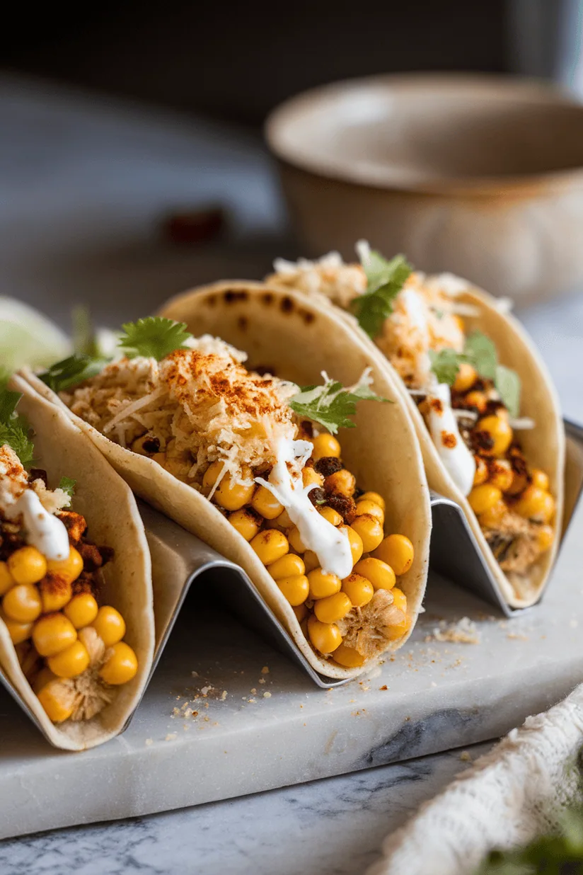 mexican street corn tacos with charred corn and cotija cheese in soft tortillas