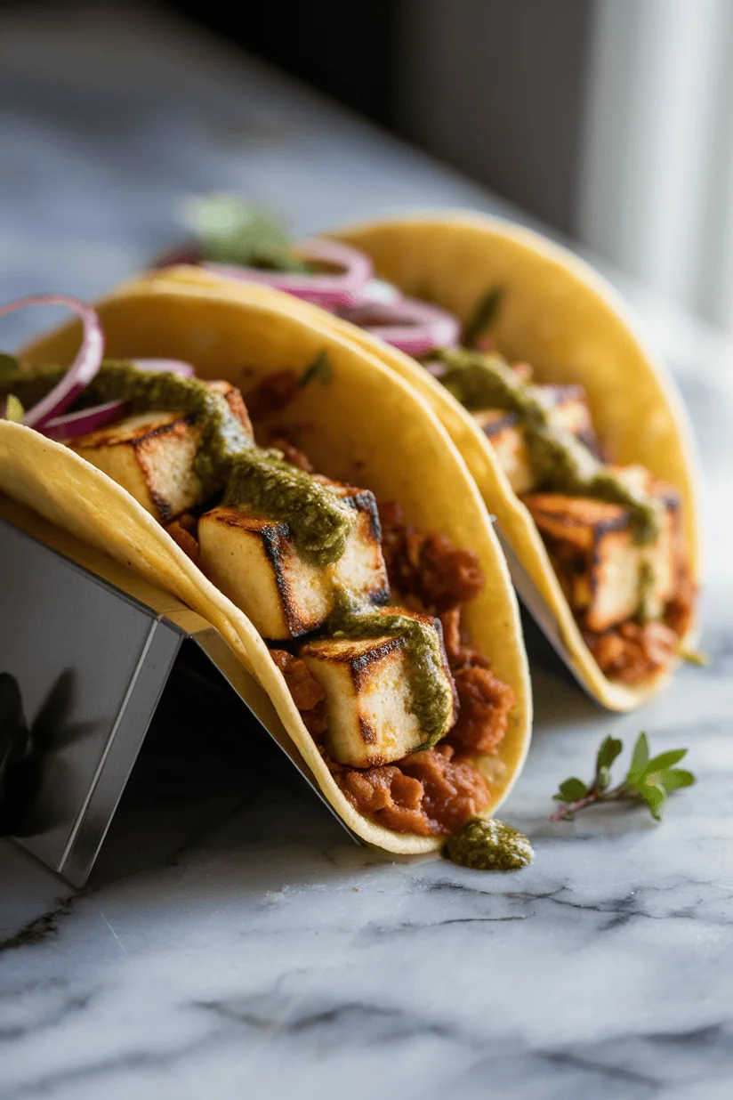 Paneer tacos with grilled paneer, mint chutney, and onions in corn tortillas, marble surface.