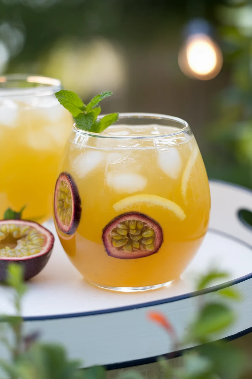 Passion fruit lemonade with visible seeds, golden yellow color, and mint in a rounded glass.