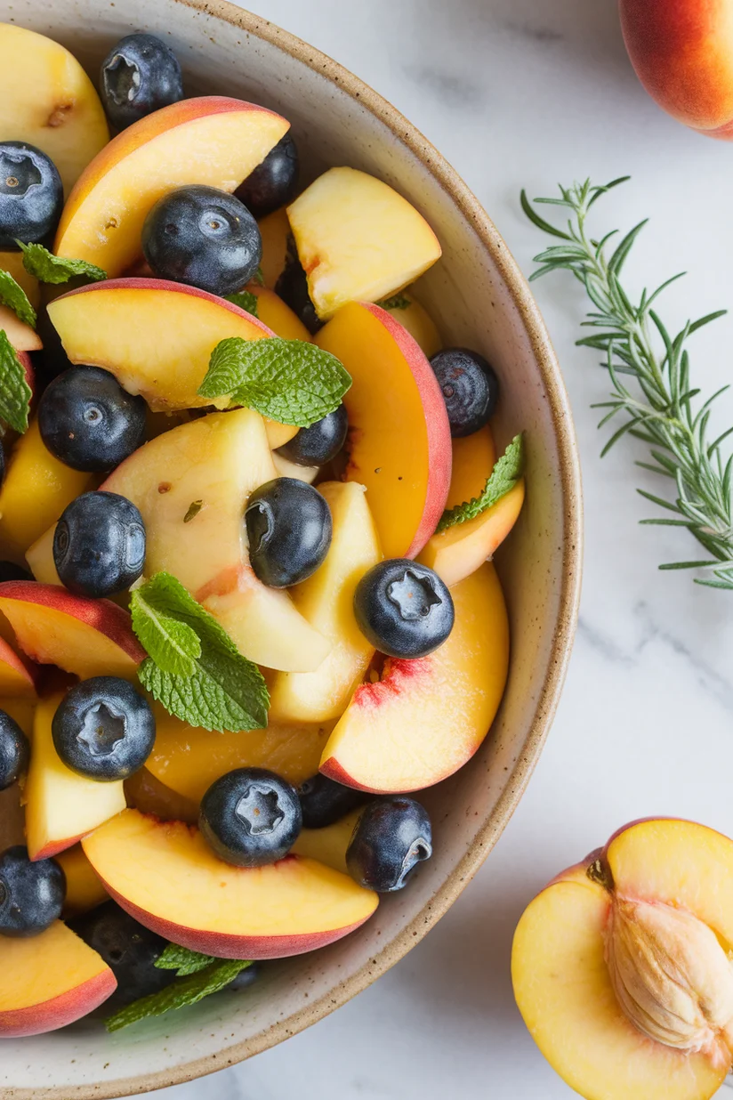 Peach fruit salad with sliced peaches and blueberries on white marble countertop.