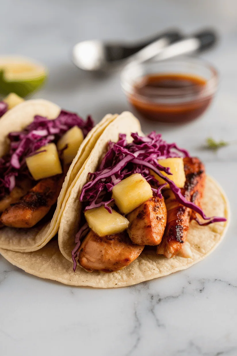pineapple chicken tacos with caramelized fruit and grilled chicken on soft tortillas